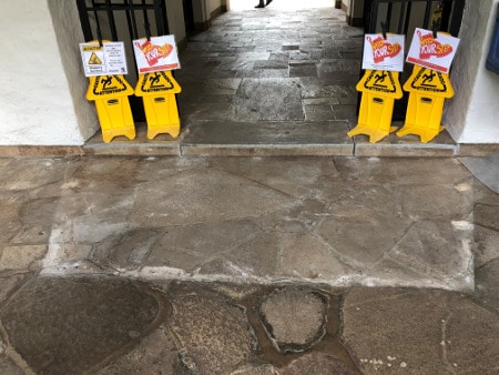 wooden ramp removed, reveals original stone