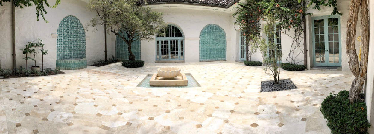 Stone restoration and stone repair of historic stone in the Mediterranean Court at the Honolulu Museum of Art.